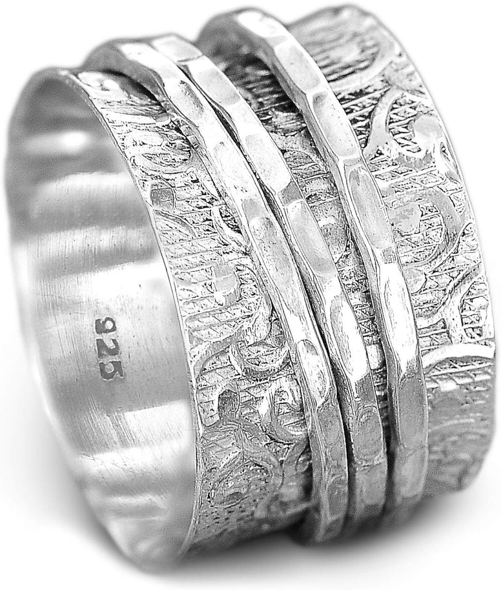 Boho-Magic 925 Sterling Silver Spinner Ring for Women | 3 Spinning Rings Bands | Fidget Meditation Anxiety | Wide Statement Chunky Jewelry Size 7-10.5