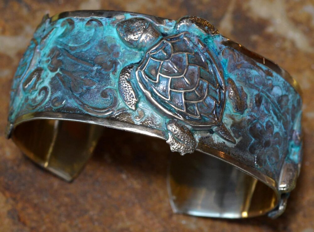 Classic Sea Turtle Cuff Bracelet - USA Made - Verdigris Patina Brass - Image 8