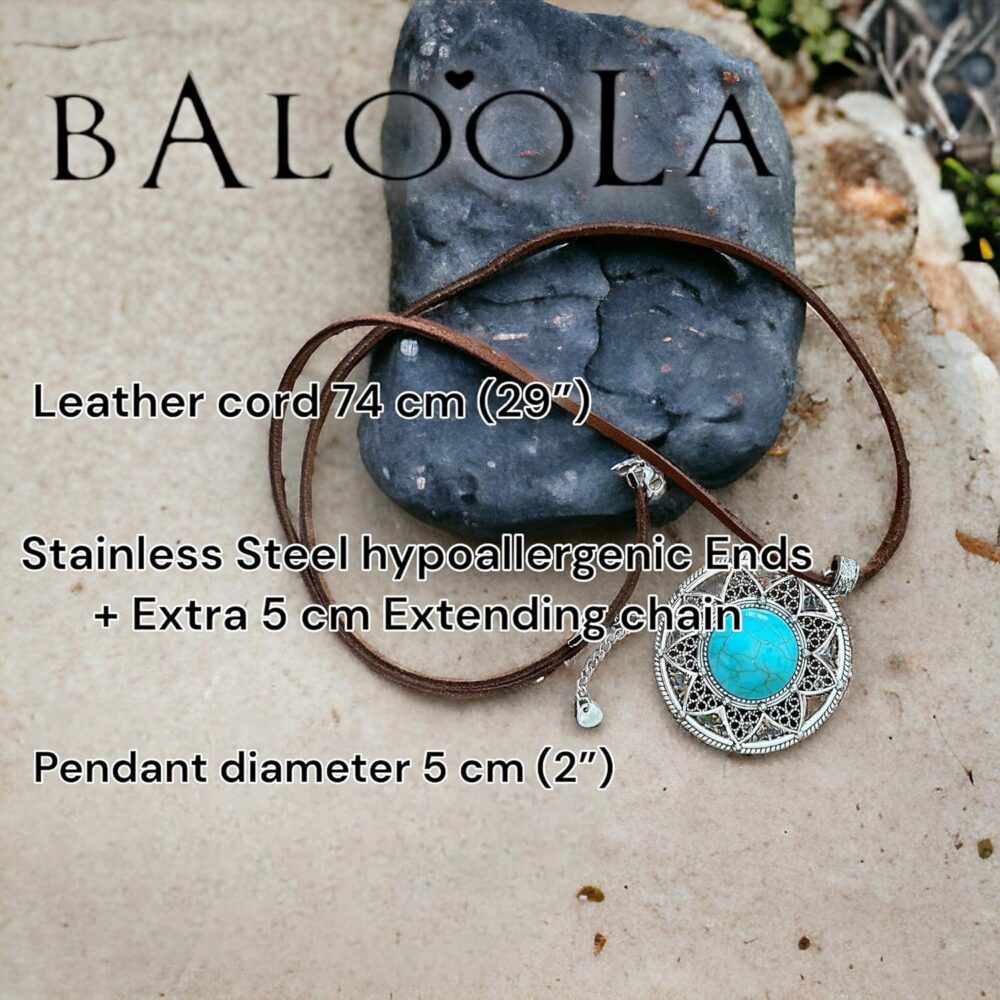 Long Leather Necklace for women. Brown Pu leather necklace with faux turquoise pendant. Light large Statement. Vintage necklace. Bohemian Handmade Jewelry BALOOLA (Sunflower) - Image 5