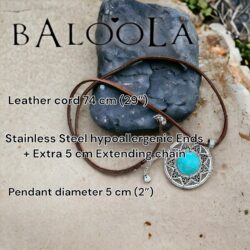 Long Leather Necklace for women. Brown Pu leather necklace with faux turquoise pendant. Light large Statement. Vintage necklace. Bohemian Handmade Jewelry BALOOLA (Sunflower) - Image 5