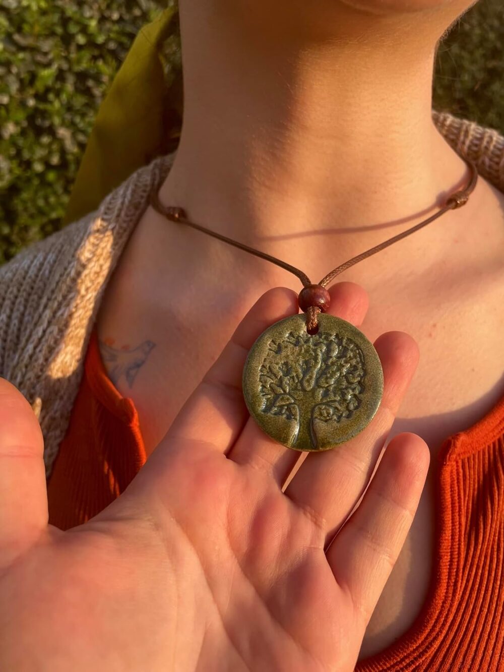 Tree of Life - Green Handmade Ceramic Pendant Necklace, Adjustable Cord, for Unisex, Women, Men, Bohemian, Rustic, Vintage Style Jewelry - Image 5