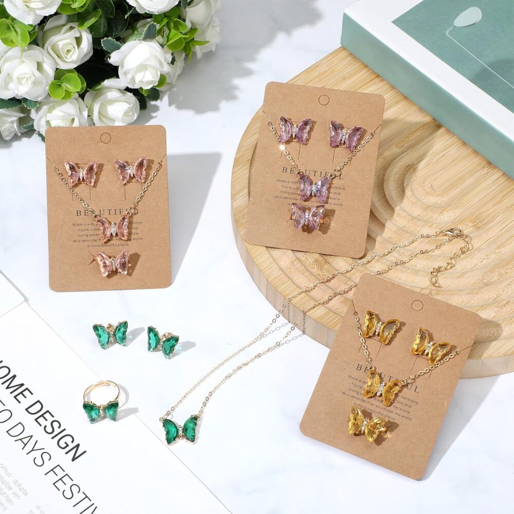 Quelay 4 Sets Butterfly Jewelry Women Butterfly Necklace Earring Ring Bohemian Adjustable Butterfly Pendant Necklace for Women Girl Christmas Wedding Valentine's Day Gift - Image 3