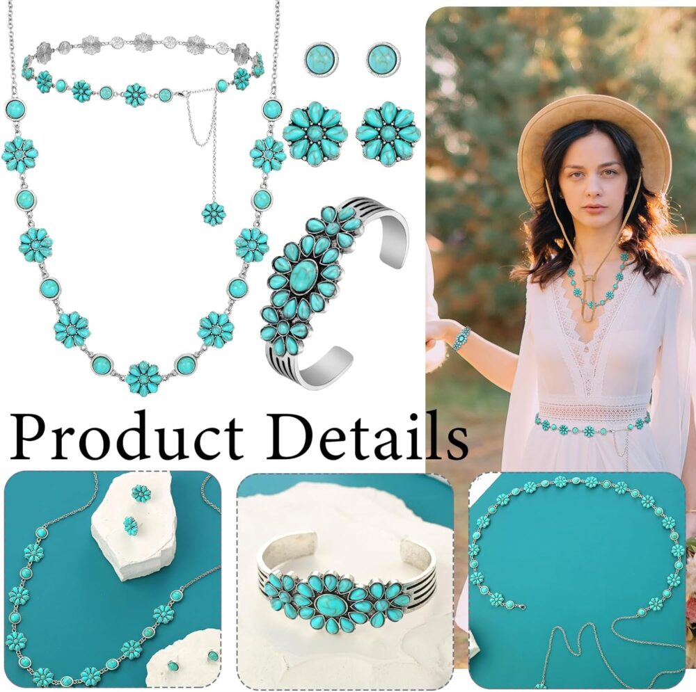 Kigeli 4PCS Bohemian Turquoise Western Jewelry Set Chunky Howlite Flower Turquoise Western Belt Necklace for Women (Fresh Style) - Image 3