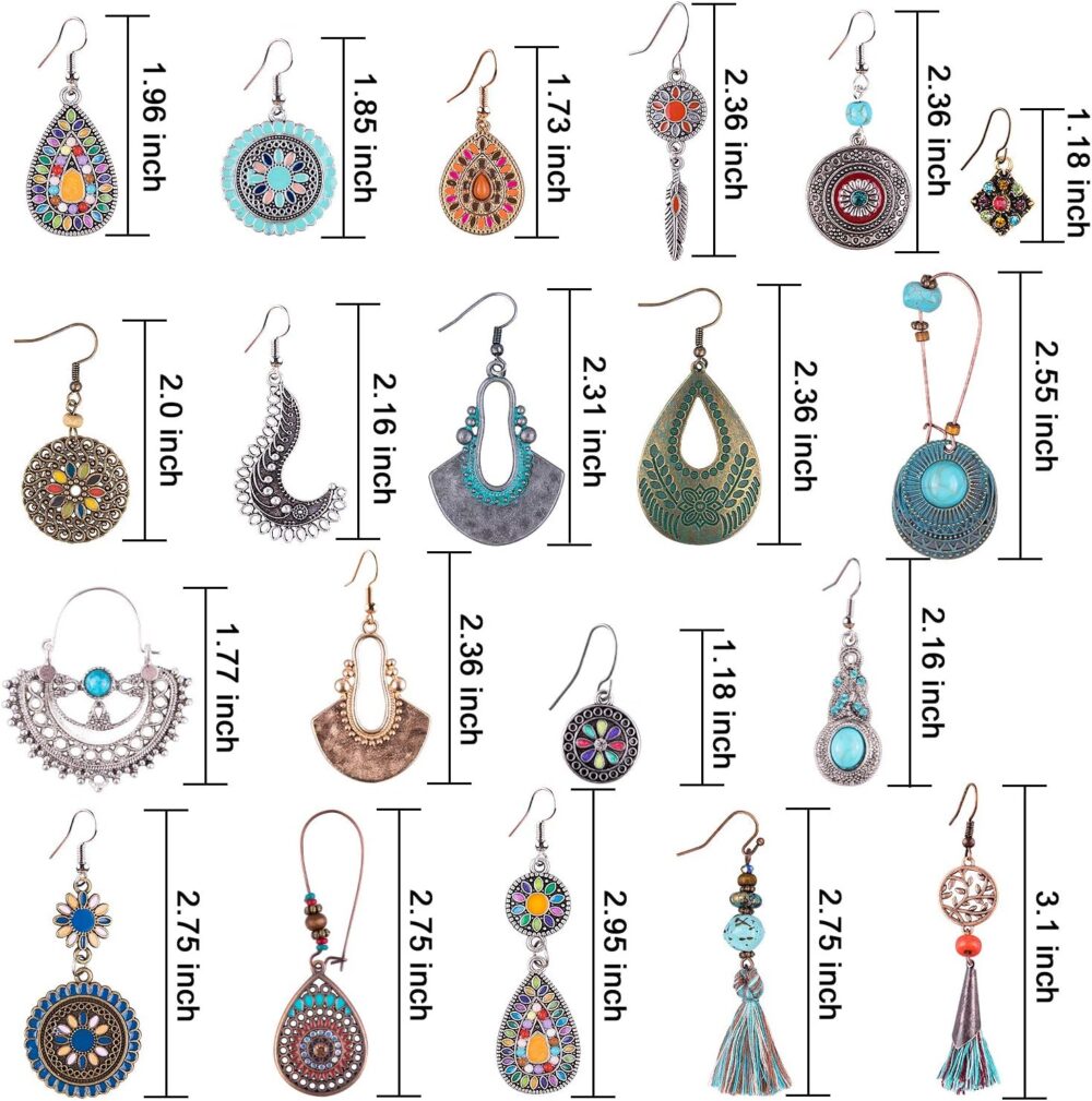 Duufin 20 Pairs Bohemian Earrings Vintage Drop Dangle Earrings Boho Earrings Set Statement Earrings Alloy Long Boho Dangle Earrings for Women - Image 2