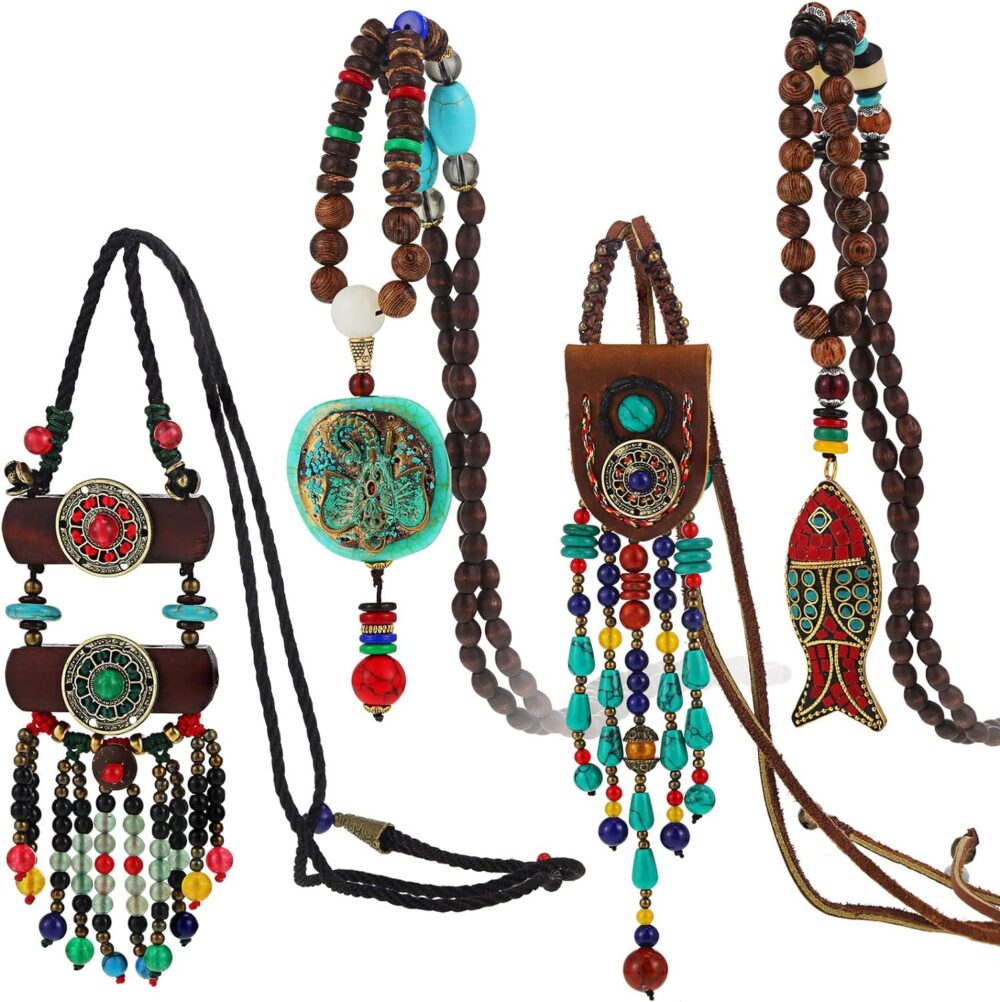 4 Pieces Long Boho Necklaces for Women, Bohemian Wood Beads Pendant Vintage Beaded Necklaces Turquoise Fish Elephant Necklace Chunky Nepal Necklace for Women Girl Jewelry