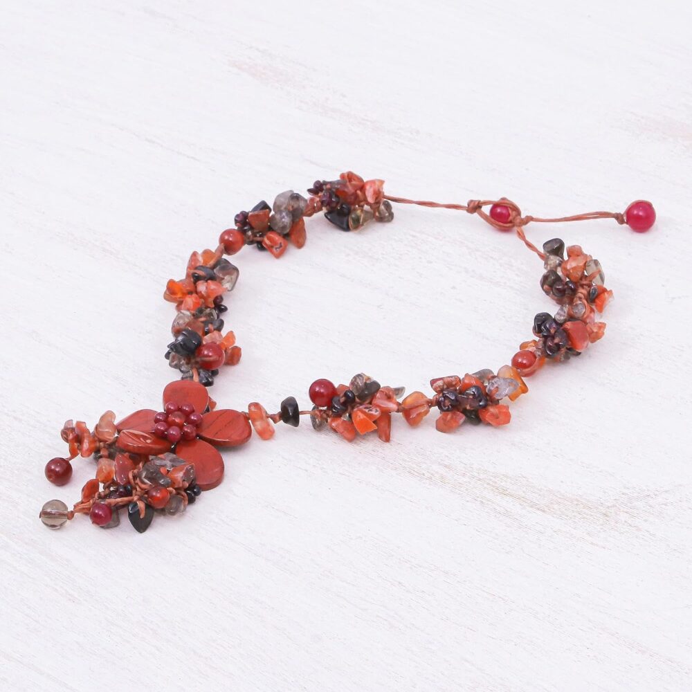 Multigemstone Beaded Pendant Necklace Floral from Thailand Quartz Garnet Smoky Jasper Brown Multicolor Red Birthstone - Image 3