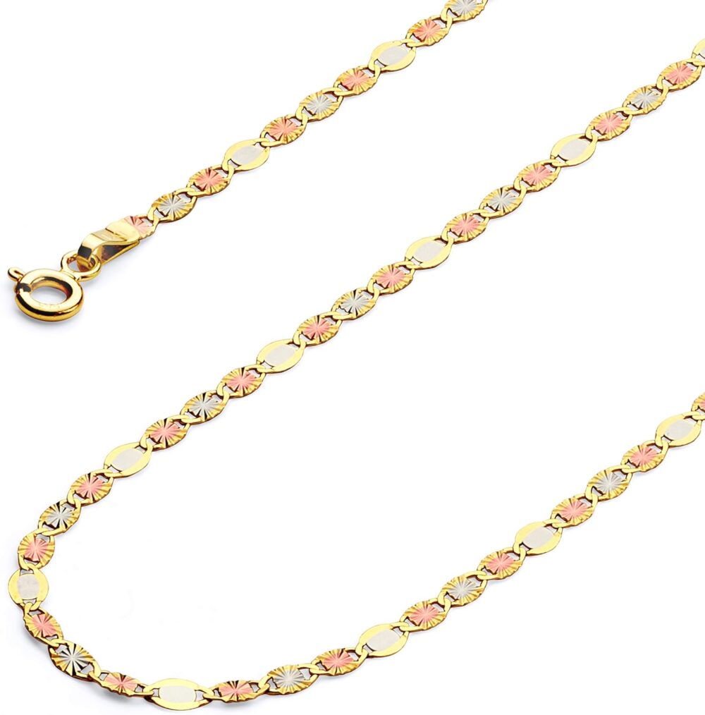 The World Jewelry Center 14k Real Tri Color Gold Solid 2mm Flat Star Diamond Cut Chain Necklace with Spring Ring Clasp - Image 2