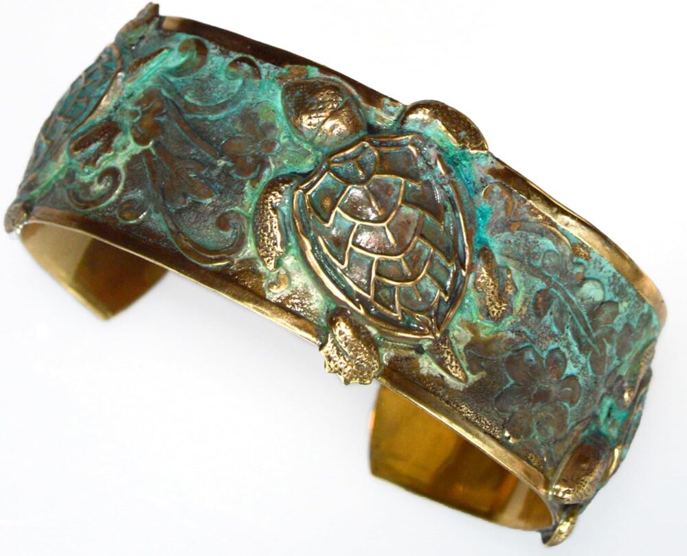 Classic Sea Turtle Cuff Bracelet - USA Made - Verdigris Patina Brass - Image 7