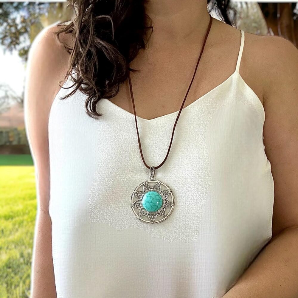Long Leather Necklace for women. Brown Pu leather necklace with faux turquoise pendant. Light large Statement. Vintage necklace. Bohemian Handmade Jewelry BALOOLA (Sunflower) - Image 2