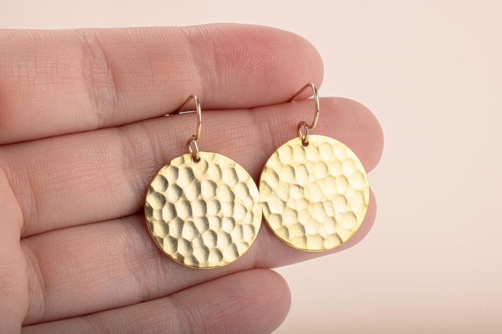 Hammered Disc Dangle Earrings | Large Round Circle Textured Drop Earrings in Silver, Gold, or Rose Gold (Gold) - Image 3