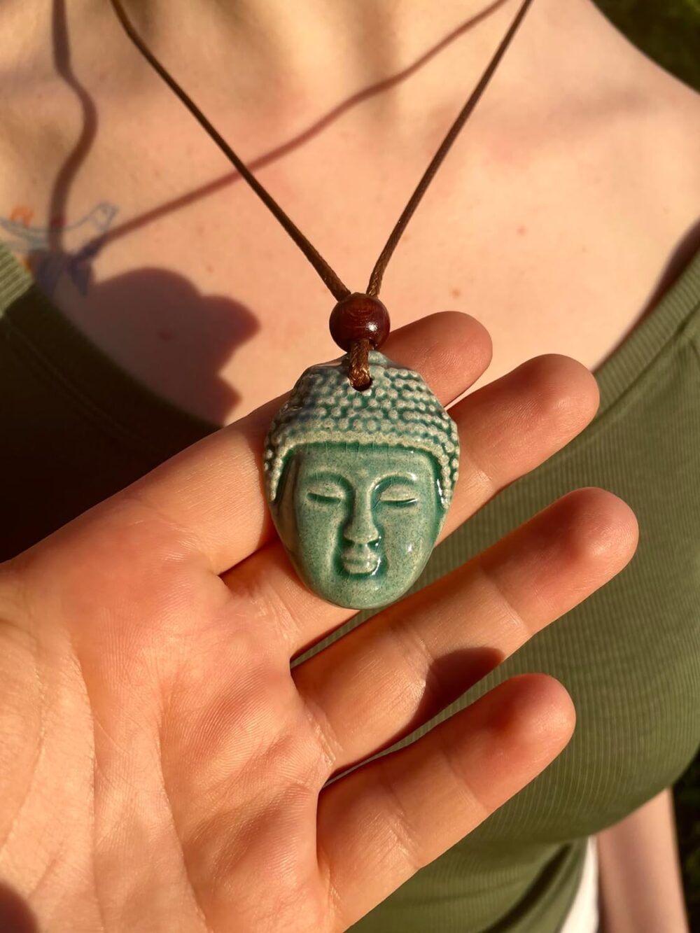 The Buddha - Turquoise, Handmade Ceramic Pendant Necklace, Adjustable Cord, for Unisex, Women, Men, Bohemian, Rustic, Vintage Style Jewelry - Image 2