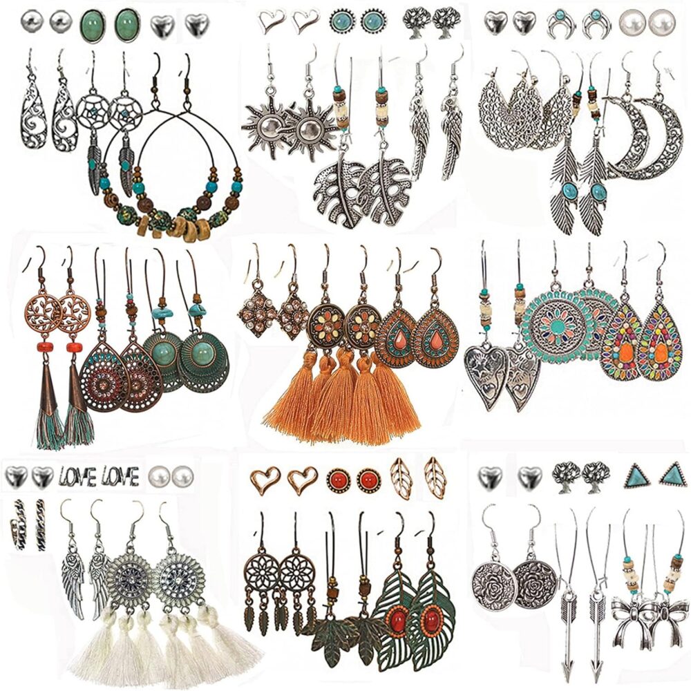 45 Pairs Bohemian Vintage Drop Dangle Earrings Set for Women Girls, Fashion Boho Earrings National Style Tassel Eardrop Hollow Bronze Waterdrop Leaf Jewelry for Valentine's Day Gifts