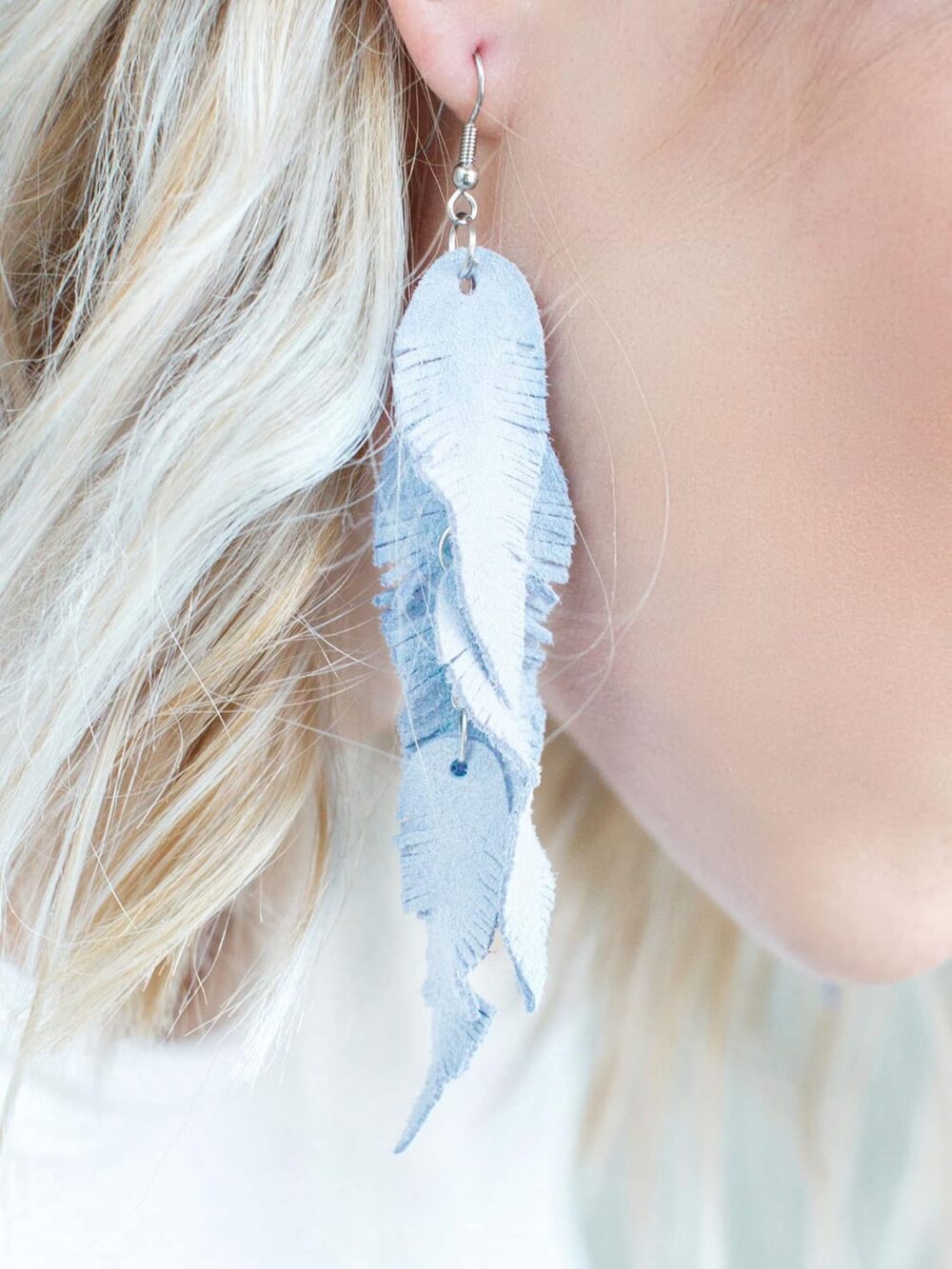 Light blue Long Suede leather Feather Earrings, layered earrings, tribal, Boho, dangle - Image 2