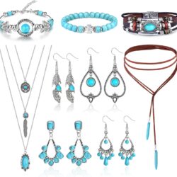 Subiceto Western Jewelry for Women Bohemian Turquoise Boho Turquoise Pendant Long Choker Vintage Turquoise Dangle Earrings Turquoise Faux Leather Layered Bracelets Western Jewelry Set