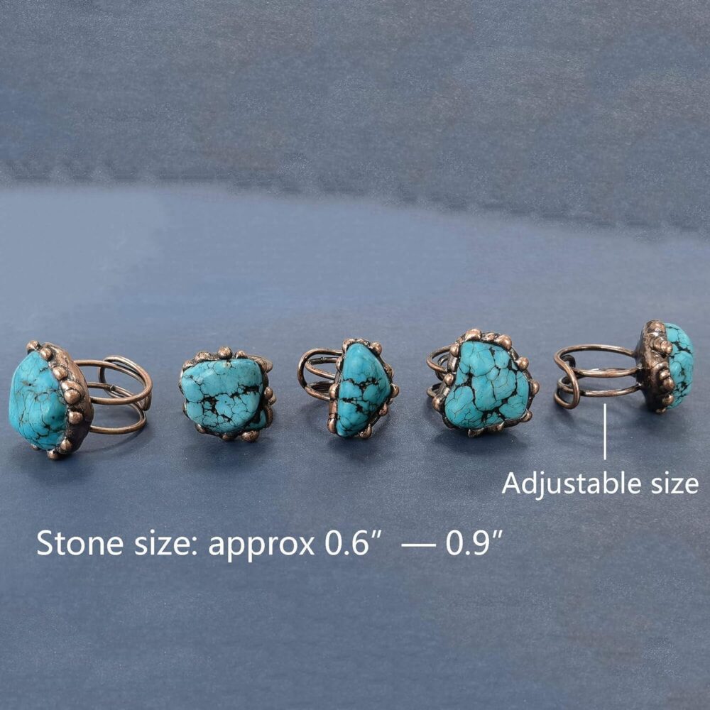 Turquoise Ring, Irregular Simulated Raw Turquoise Western Rings for Women Adjustable, Unisex Bronze Plated Chunky Gemstone Vintage Jewelry for Mens Turquoise Ring (Turquoise-Bronze) - Image 6