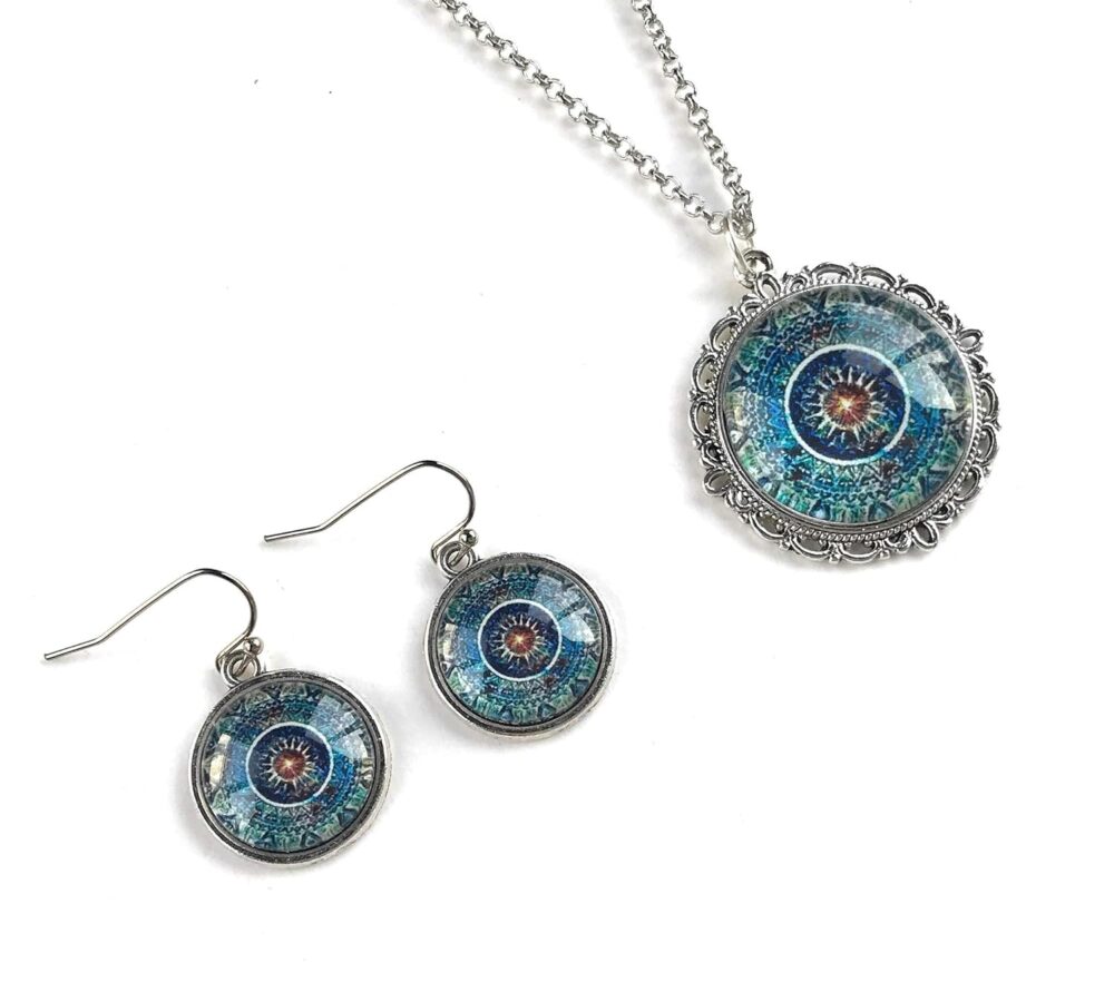 Bohemian Blue Mandala Necklace and Earring Set - Pendant Gift for Women - Handmade