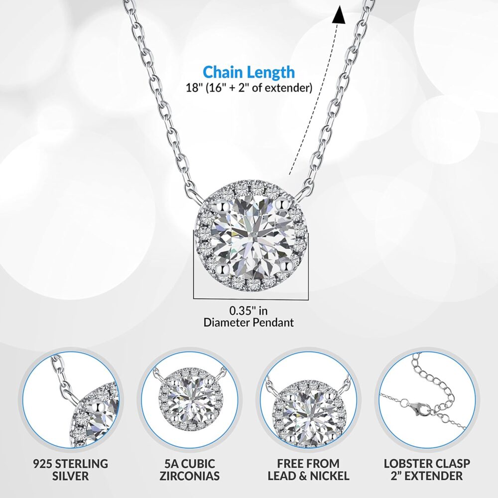 Ambica New York Solid 925 Sterling Silver Cubic Zirconia Solitaire Necklace - Faux Diamond Round Solitaire Halo Necklace – CZ Diamond Pendant Necklace- Minimalist Dainty Necklace for Women - Image 2