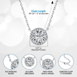 Ambica New York Solid 925 Sterling Silver Cubic Zirconia Solitaire Necklace - Faux Diamond Round Solitaire Halo Necklace – CZ Diamond Pendant Necklace- Minimalist Dainty Necklace for Women - Image 2
