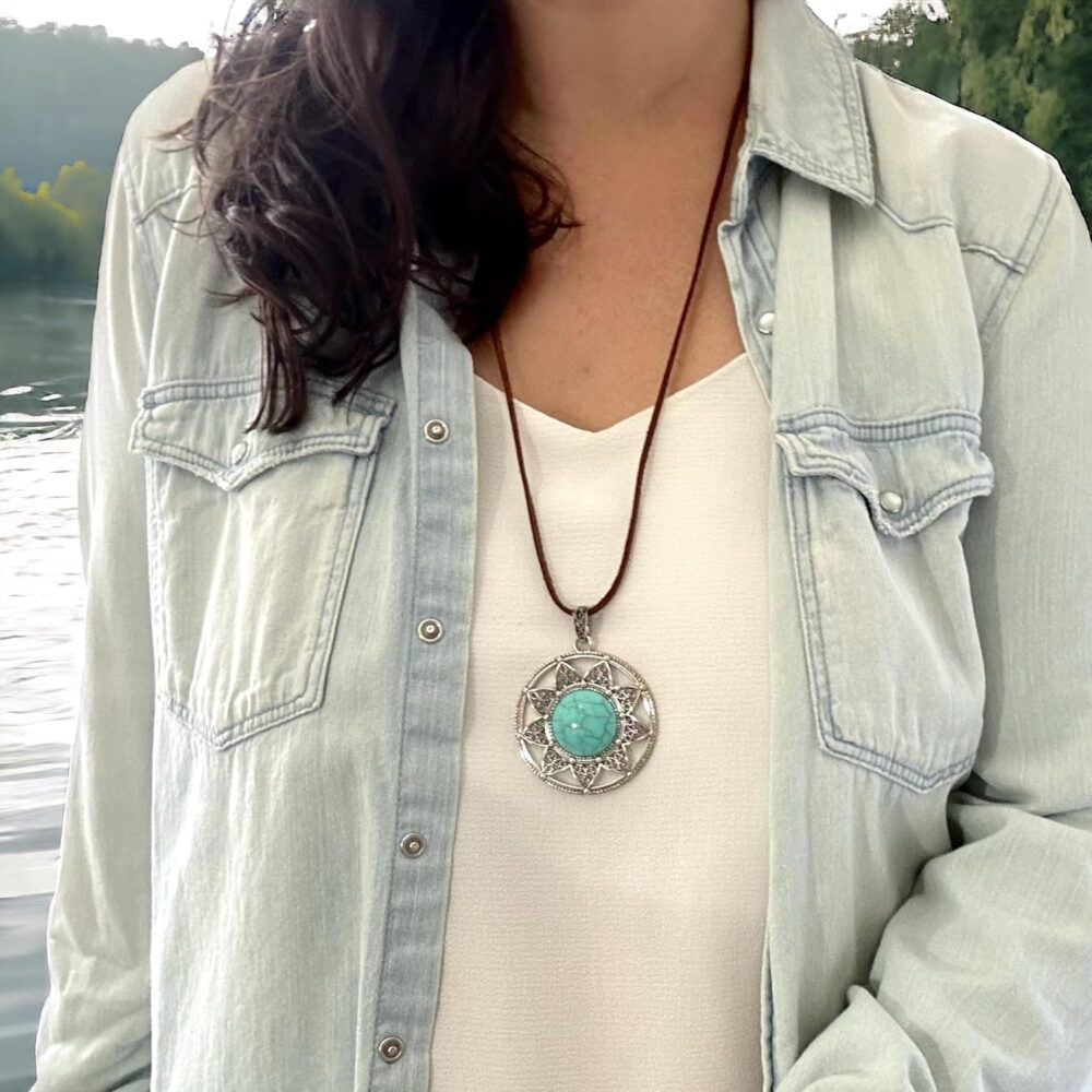Long Leather Necklace for women. Brown Pu leather necklace with faux turquoise pendant. Light large Statement. Vintage necklace. Bohemian Handmade Jewelry BALOOLA (Sunflower) - Image 3
