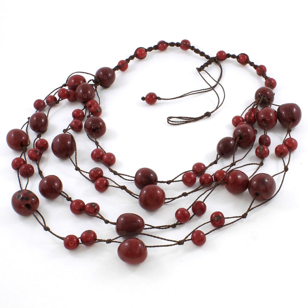 Red Multistrand Statement Necklace for Women with Acai and Macrame | Fair Trade Eco Friendly Artisan Jewelry