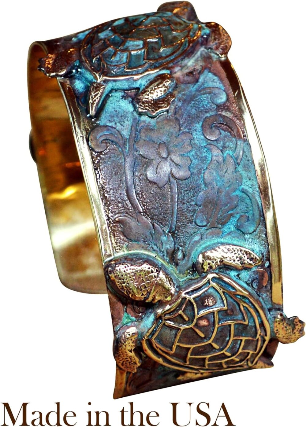 Classic Sea Turtle Cuff Bracelet - USA Made - Verdigris Patina Brass - Image 2