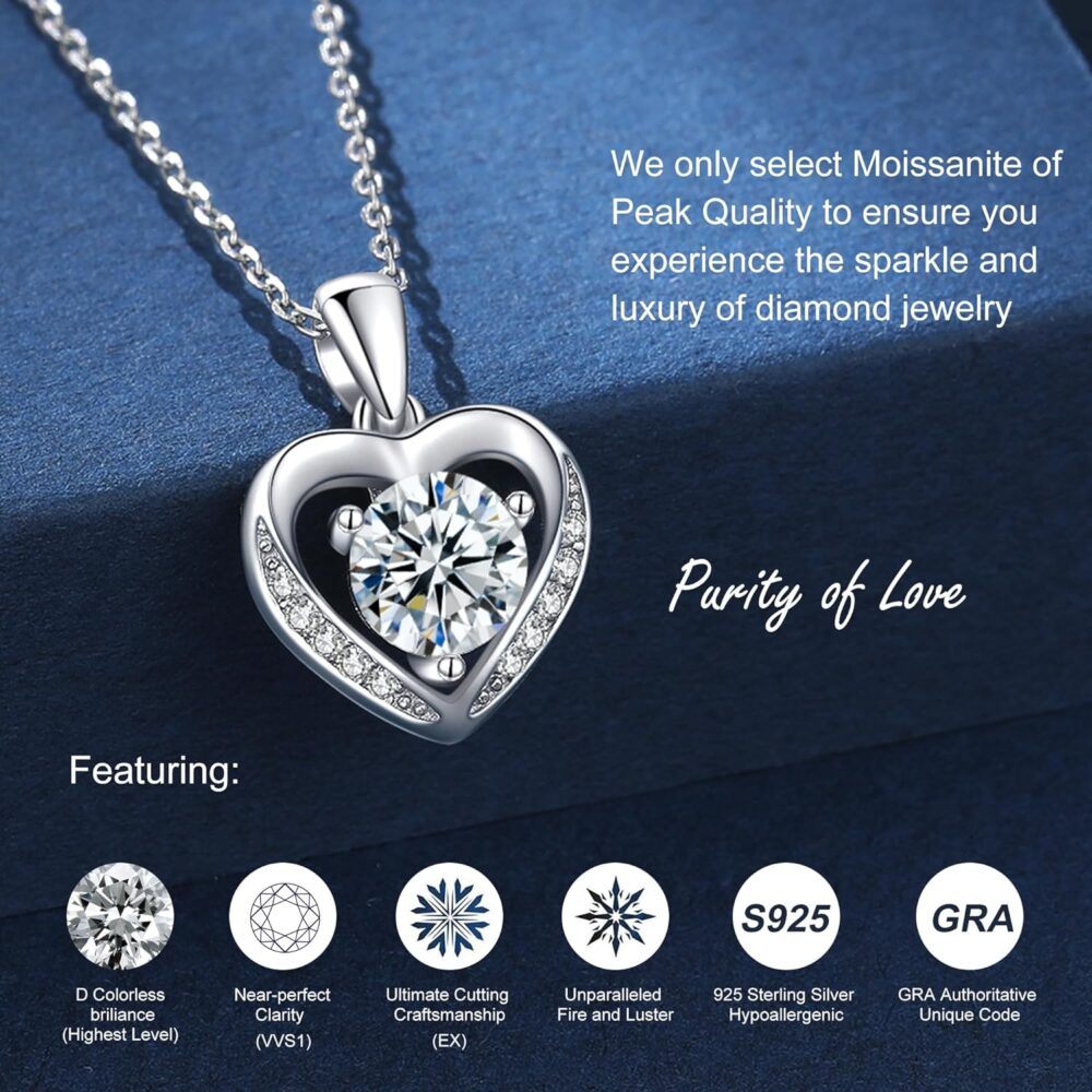 Moissanite Pendant Necklace for Women | 925 Sterling Silver 1-5CT Moissanite Diamond Heart Necklace Gift for Wife D-Color-VVS1 | Anniversary Romantic Gift for Her,Birthday Gifts for Mom Daughter Women - Image 3