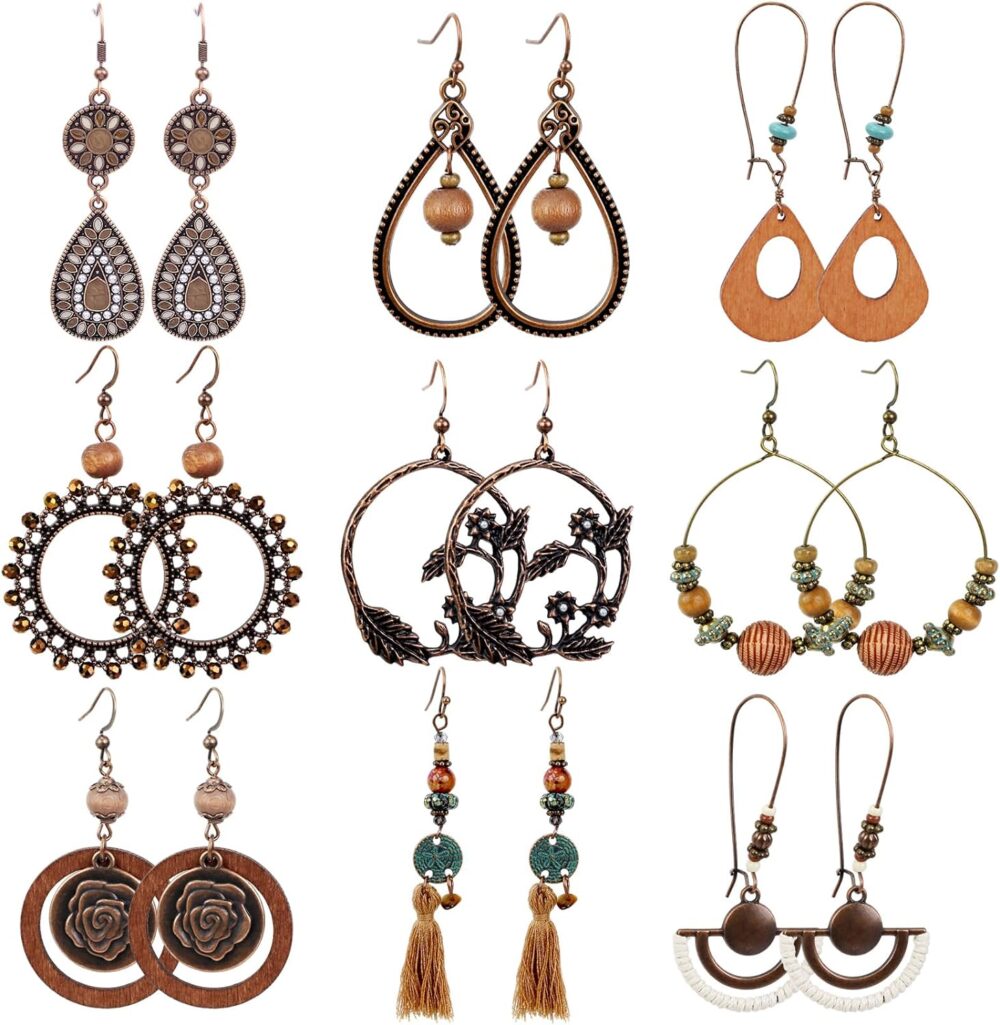 9 Pair Bohemian Earrings,Vintage Dangle Earrings Set Droplet Round Hollow Out Boho Earrings for Women or Girls