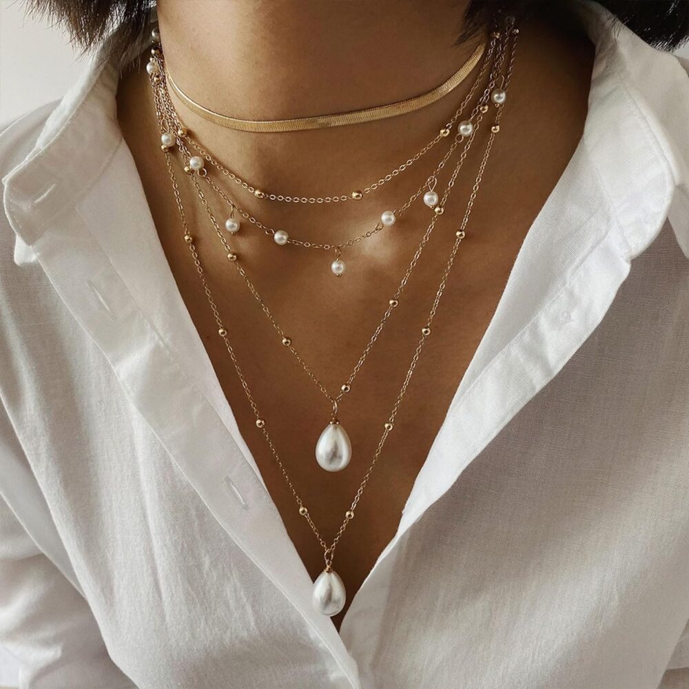 Gold Necklace for Women Trendy Layered Necklaces Set Boho Turquoise Beaded Necklace Long Coin Pendant Necklace Pearl Chain Choker Necklaces Rhinestone Tennis - Image 2