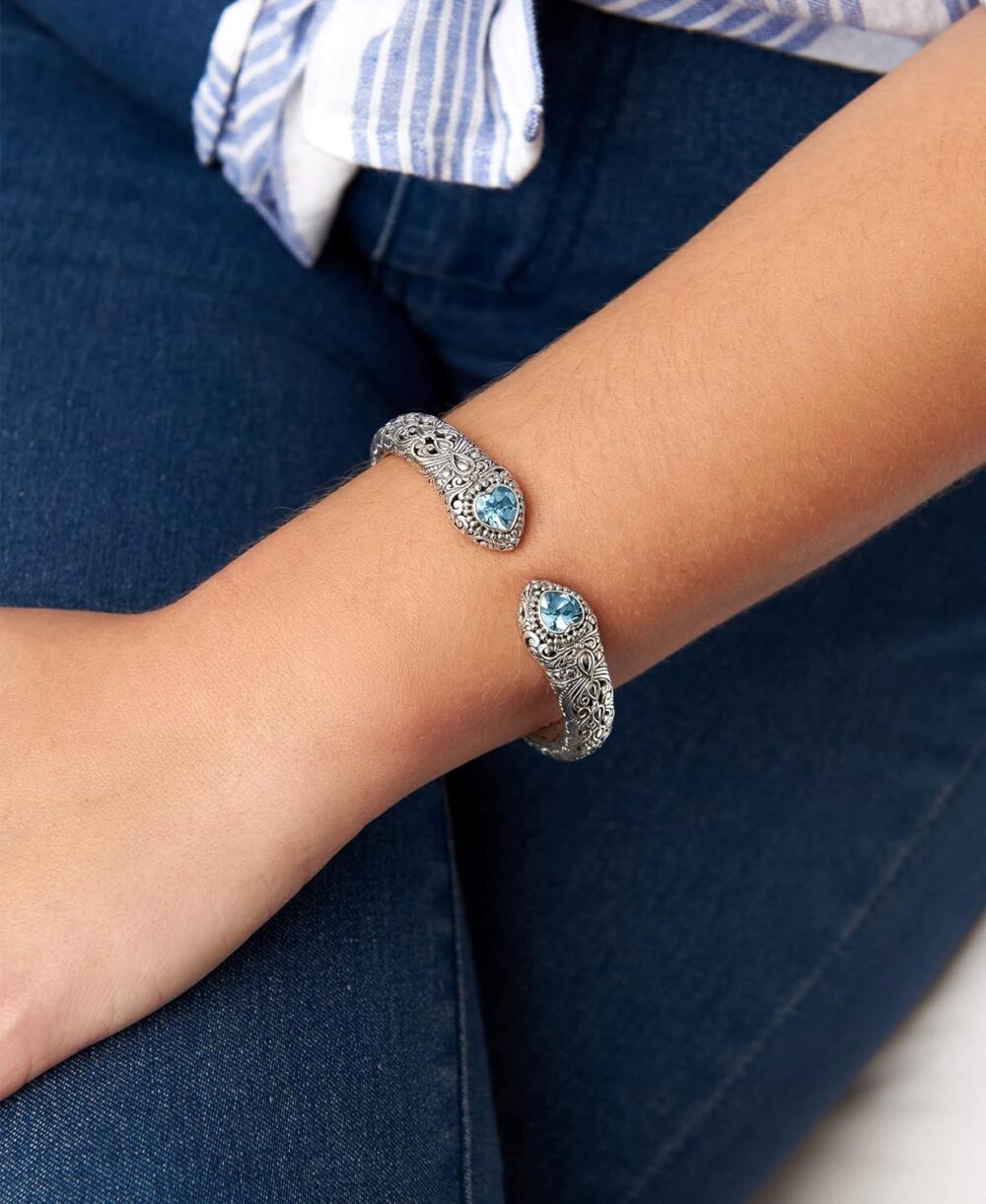 Sterling Silver 925 with Gemstones Bali Filigree Cuff Bracelet - Image 3