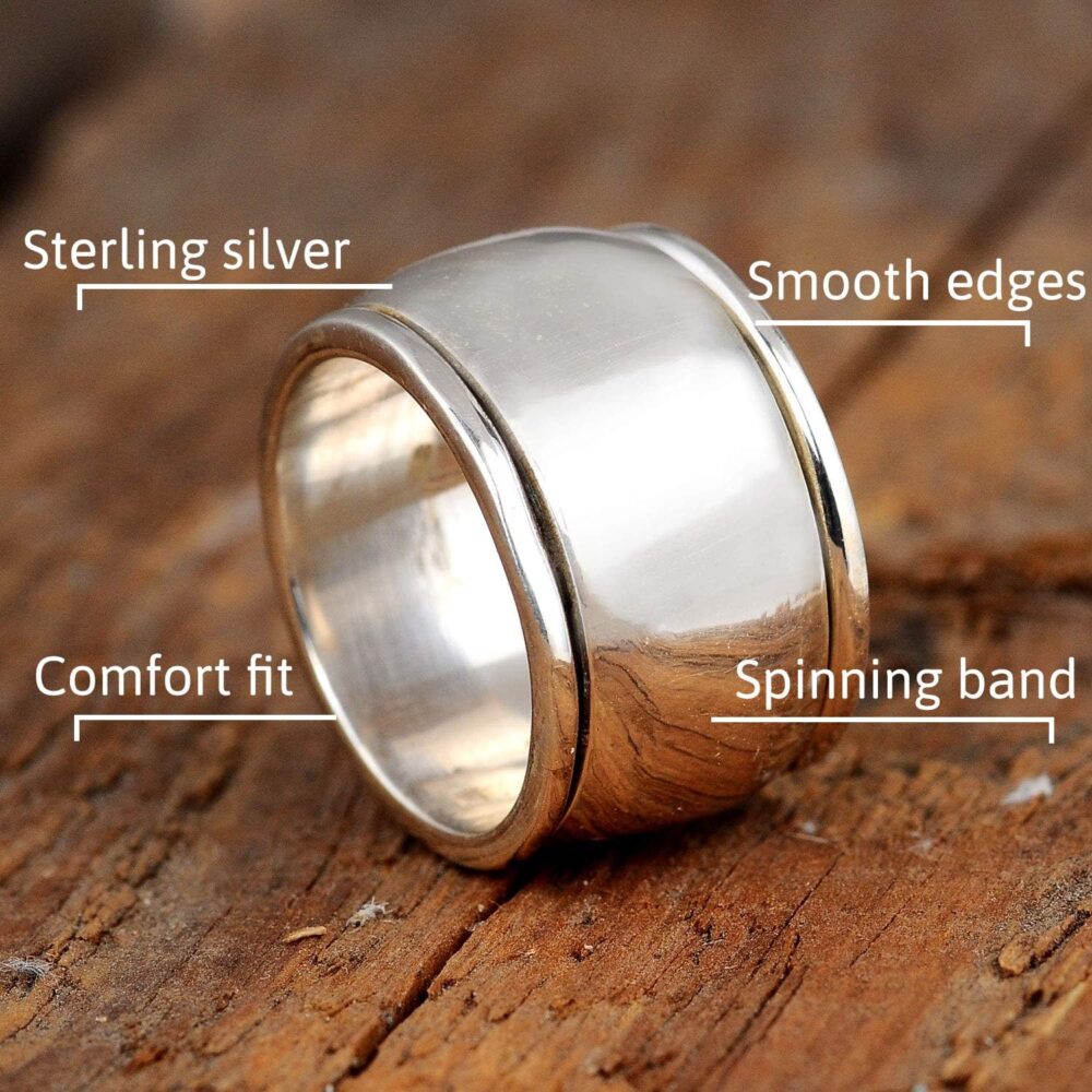 Boho-Magic 925 Sterling Silver Spinner Ring for Women Fidget Ring Band Wide Dome Ring - Image 5