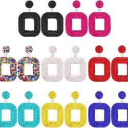 Junkin 8 Pairs Beaded Drop Earrings Square Hoop Dangle Statement Earrings Wire Wrapped Beaded Earrings Bohemian Earrings Geometric Earrings for Women