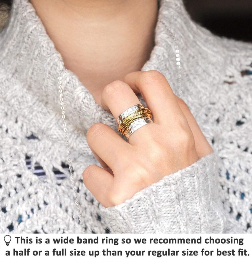 Boho-Magic 925 Sterling Silver Band Ring for Women with Brass Wrap Wide Statement Ring - Image 2