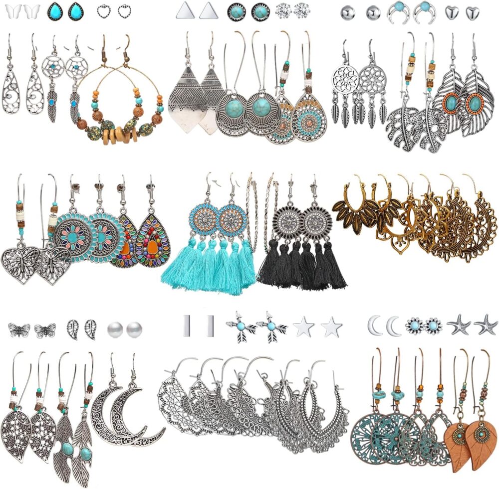 45 Pairs Fashion Hollow Drop Dangle Earrings Set for Women Girls Bohemian National Style Eardrop with Bronze Waterdrop Leaf Feather Shaped Vintage Jewelry for Gifts