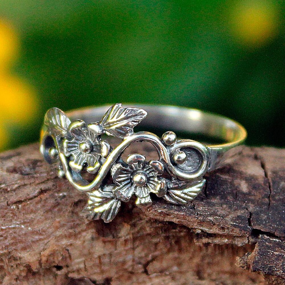 NOVICA Artisan Handmade .925 Sterling Silver Flower Ring Leaf Band from Thailand Floral 'Siam Bouquet' - Image 4