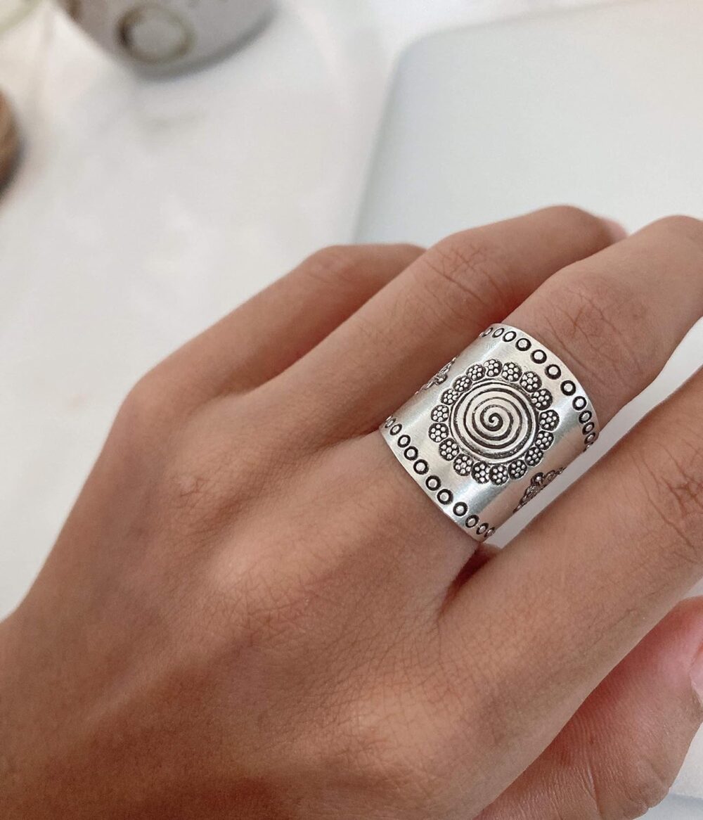 Sterling Silver Mandala ring, Boho Ethnic Tribal Sun Solar Ring, Bohemian Gypsy Silver Ring, Adjustable to sizes 6-12, Can fit also as Thumb Ring - Image 2