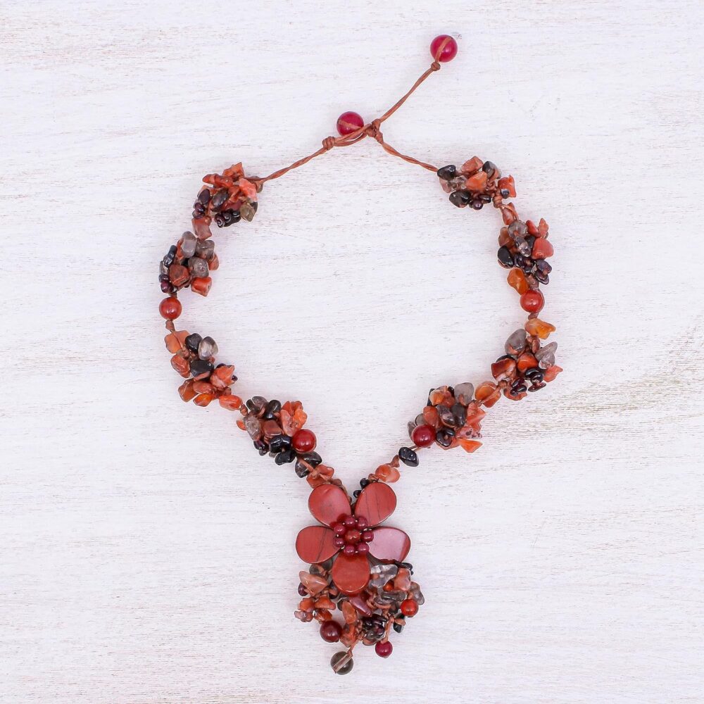 Multigemstone Beaded Pendant Necklace Floral from Thailand Quartz Garnet Smoky Jasper Brown Multicolor Red Birthstone - Image 2