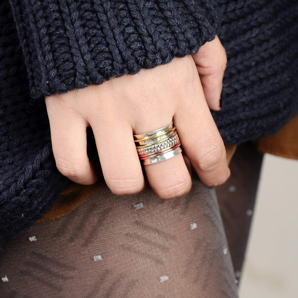 Boho-Magic 925 Sterling Silver Spinner Ring with Brass and Copper Fidget Rings for Women Wide Band - Image 3