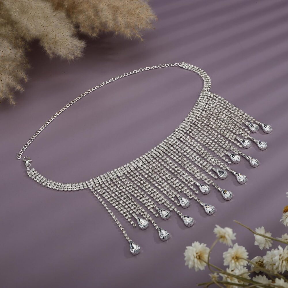 YERTTER Sparkle Silver Full Tennis Rhinestone Fringe Chain Adjustable Collar Luxury Tassel Crystal Statement Clavicle Choker Necklace for Wedding Women Girls （Silver 3） - Image 4