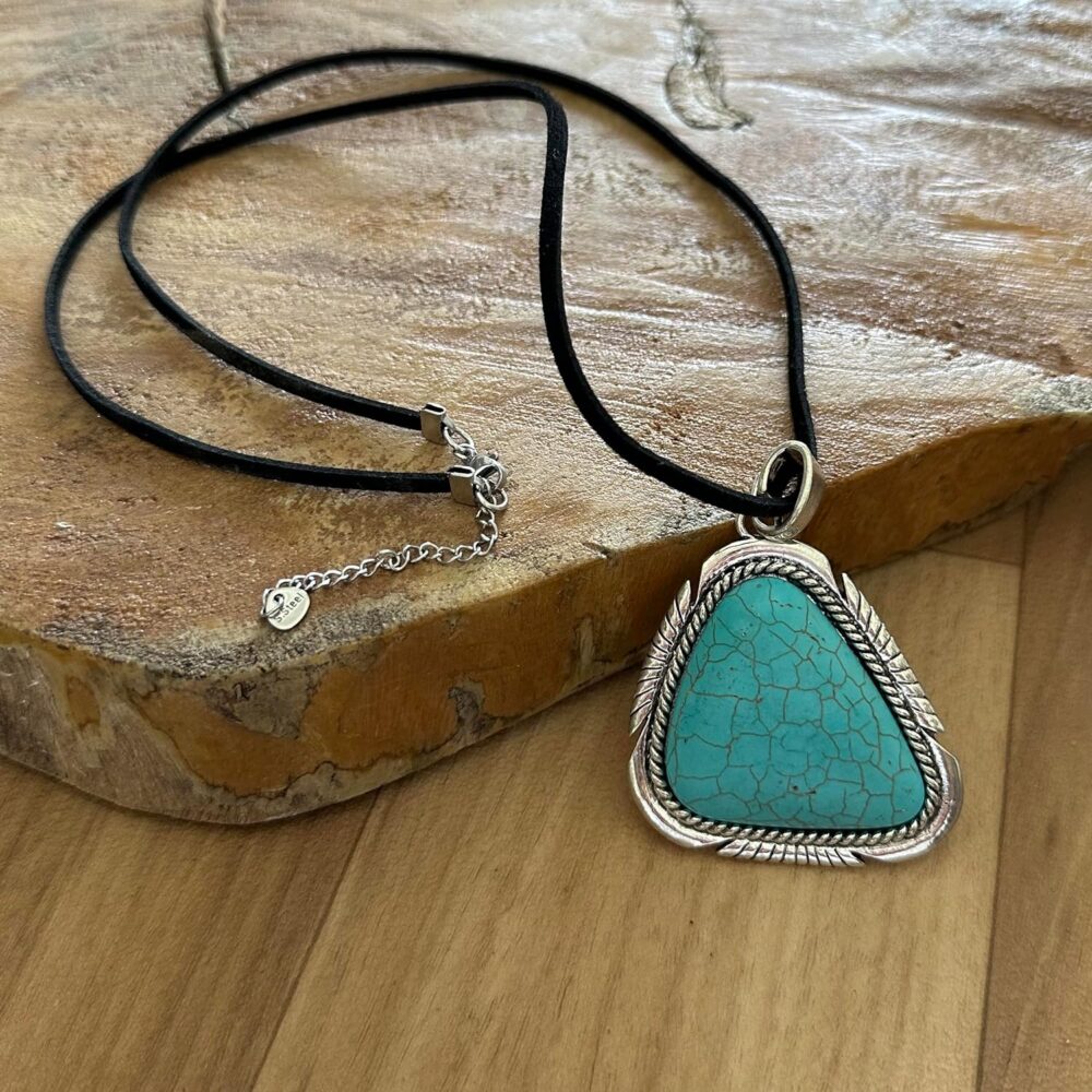 Long Leather Necklace for women. Black pu leather necklace with faux turquoise pendant. Light large Statement. Vintage necklace. Bohemian Handmade Jewelry BALOOLA (Pendant) - Image 5