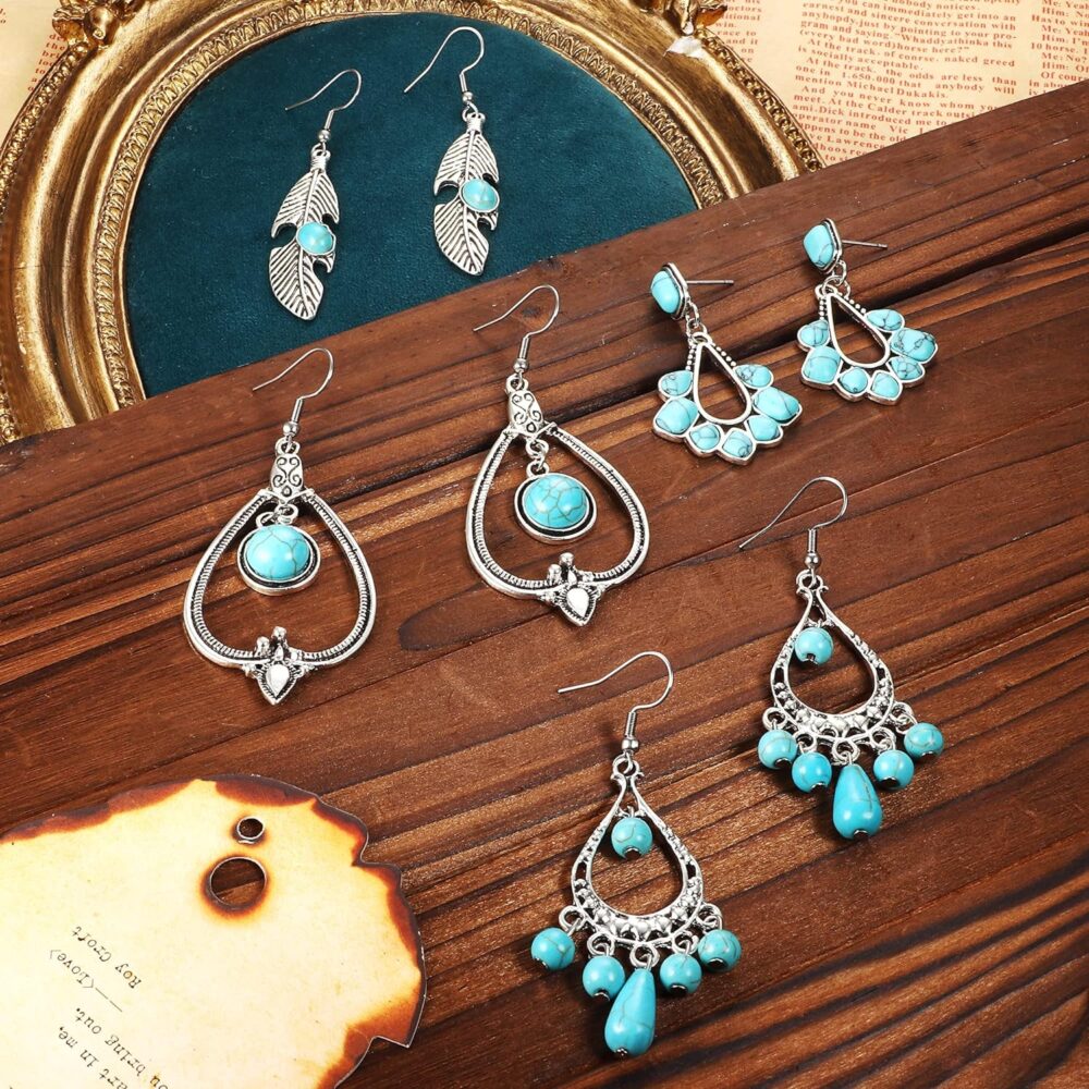 Subiceto Western Jewelry for Women Bohemian Turquoise Boho Turquoise Pendant Long Choker Vintage Turquoise Dangle Earrings Turquoise Faux Leather Layered Bracelets Western Jewelry Set - Image 5