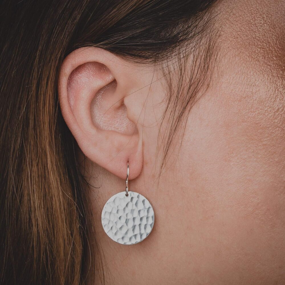 Hammered Disc Dangle Earrings | Large Round Circle Textured Drop Earrings in Silver, Gold, or Rose Gold (Sterling Silver) - Image 2