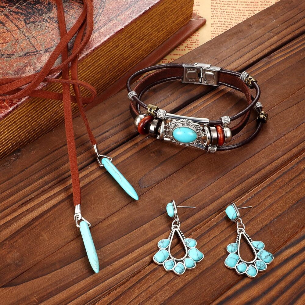 Subiceto Western Jewelry for Women Bohemian Turquoise Boho Turquoise Pendant Long Choker Vintage Turquoise Dangle Earrings Turquoise Faux Leather Layered Bracelets Western Jewelry Set - Image 3