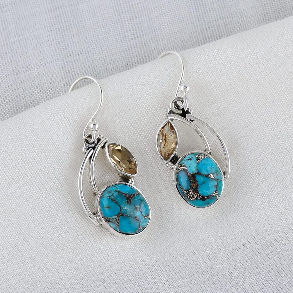 925 Sterling Silver Earring Genuine Turquoise & Citrine Gemstone Earrings Filigree Dangle Earrings Women Bohemian Handmade Jewelry Birthstone Elegant Minimalist Bridal Earring Christmas Gift - Image 3