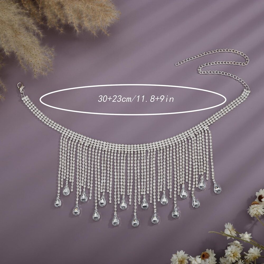 YERTTER Sparkle Silver Full Tennis Rhinestone Fringe Chain Adjustable Collar Luxury Tassel Crystal Statement Clavicle Choker Necklace for Wedding Women Girls （Silver 3） - Image 2