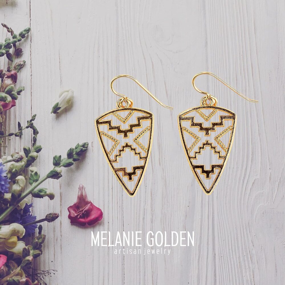 Gold Bohemian Boho Dangle Drop Earrings | (Gold Aztec Tribal) - Image 7