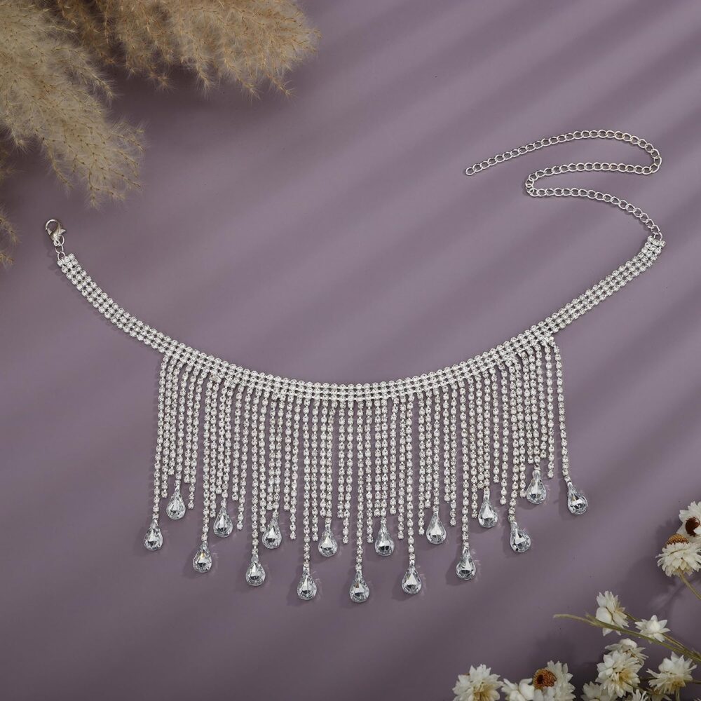 YERTTER Sparkle Silver Full Tennis Rhinestone Fringe Chain Adjustable Collar Luxury Tassel Crystal Statement Clavicle Choker Necklace for Wedding Women Girls （Silver 3） - Image 3