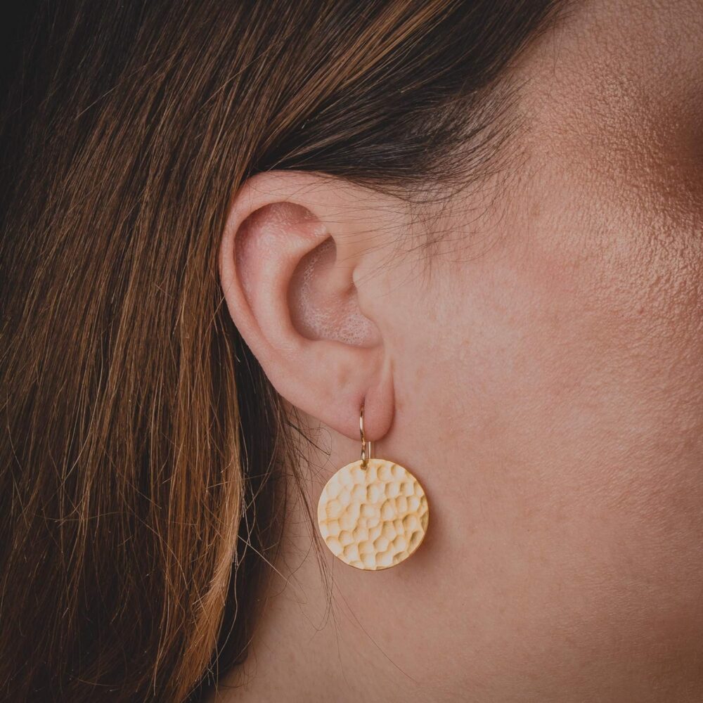 Hammered Disc Dangle Earrings | Large Round Circle Textured Drop Earrings in Silver, Gold, or Rose Gold (Gold) - Image 9