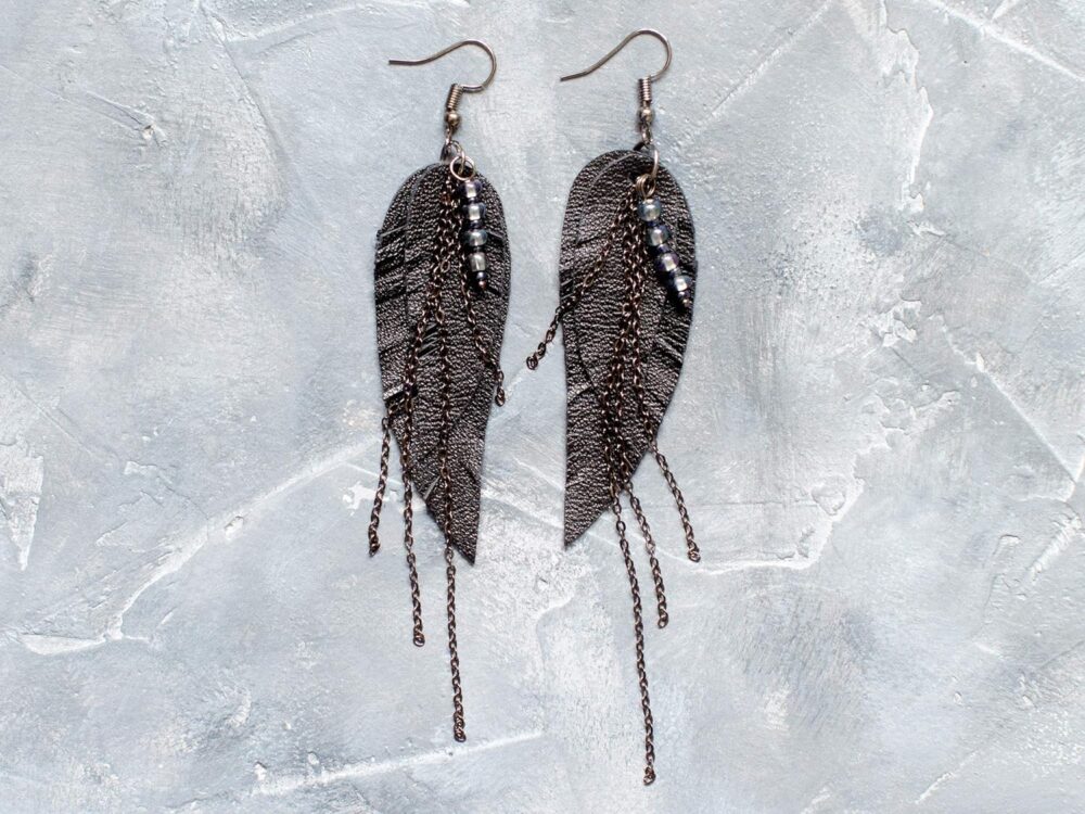 Black Leather Earrings with chains, Feather layered earrings, tribal Earrings, Boho earrings, dangle earrings, long earrings - Image 2