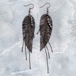 Black Leather Earrings with chains, Feather layered earrings, tribal Earrings, Boho earrings, dangle earrings, long earrings - Image 2