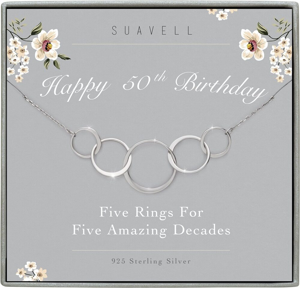 Suavell 5 Circle Necklace Pendant, 50th Birthday Gifts for Women. Sterling Silver Chain Necklace, Minimalist Jewelry, Dainty Necklace. Daughter Gift from Mom, Gifts for Women Turning 50